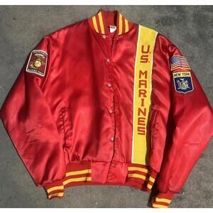 Vtg 80s USA Marines Corp Red Satin Bomber Varsity Jacket LARGE New York Soffe.